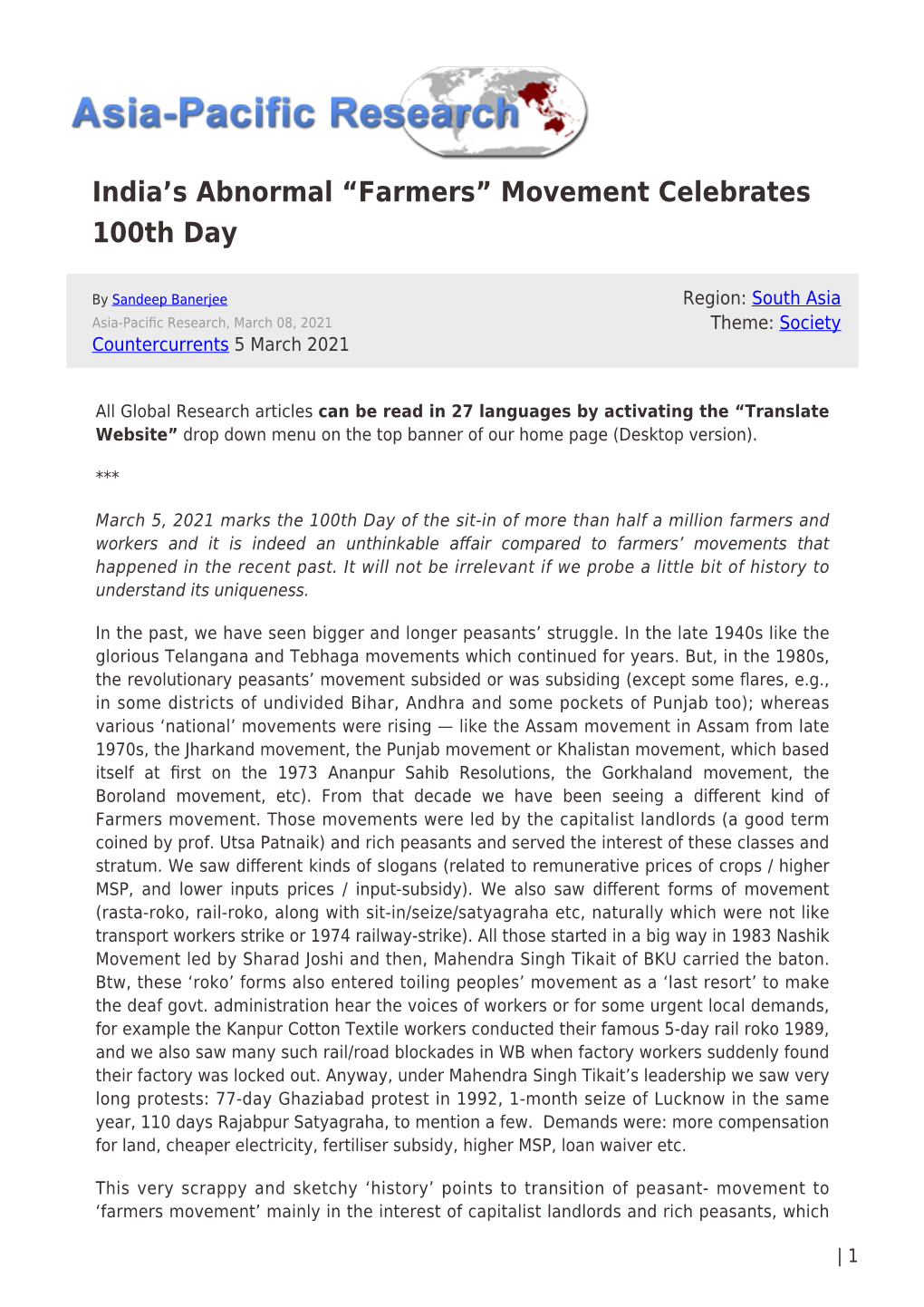 Farmers” Movement Celebrates 100Th Day