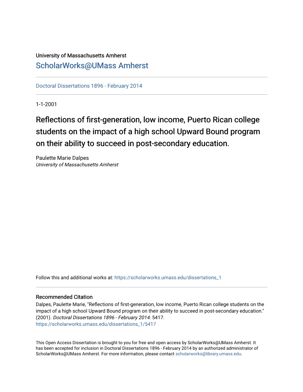 Reflections of First-Generation, Low Income, Puerto Rican College Students on the Impact of a High School Upward Bound Program O