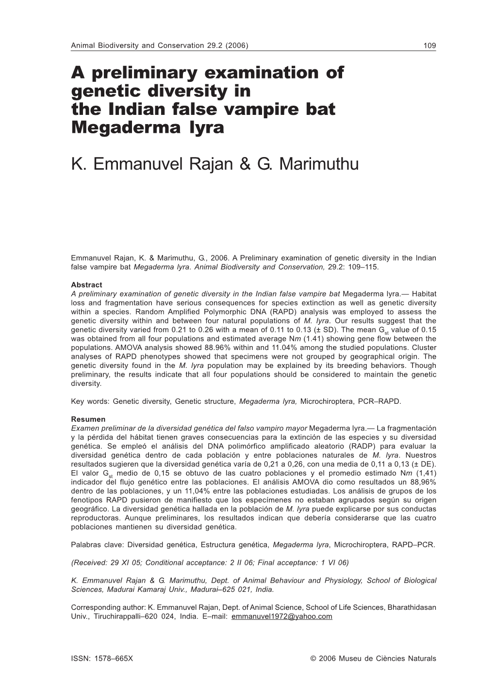 A Preliminary Examination of Genetic Diversity in the Indian False Vampire Bat Megaderma Lyra K