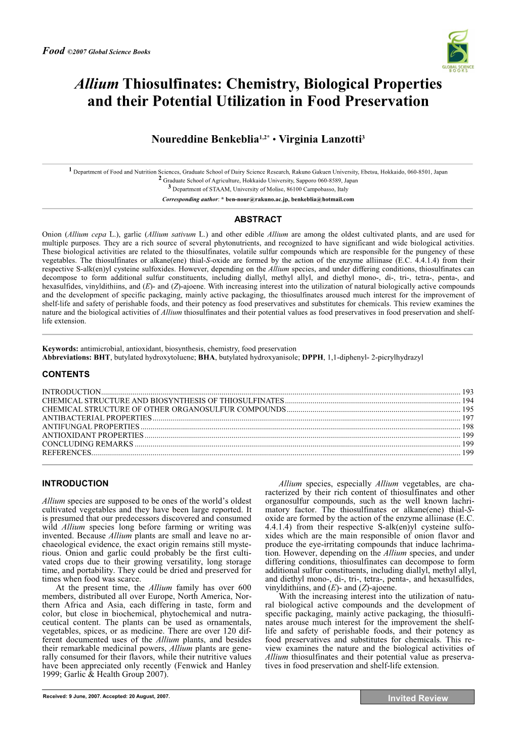 Allium Thiosulfinates: Chemistry, Biological Properties and Their Potential Utilization in Food Preservation