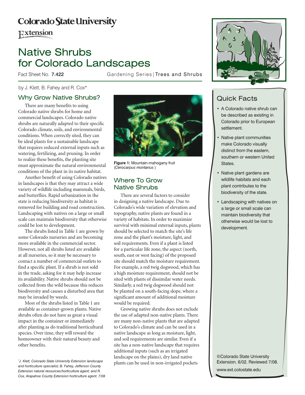 Native Shrubs for Colorado Landscapes Fact Sheet No