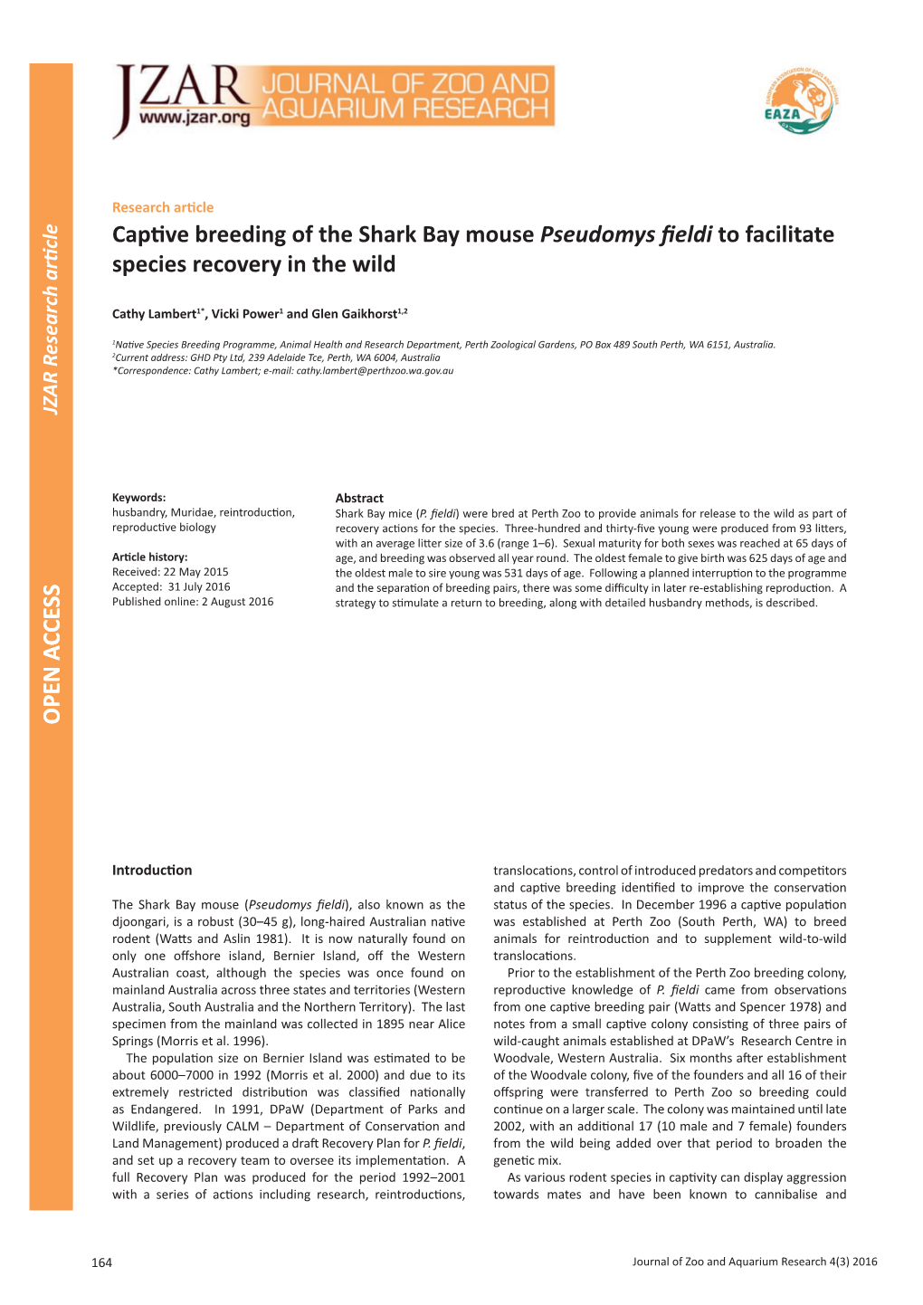 Captive Breeding of the Shark Bay Mouse Pseudomys Fieldi to Facilitate