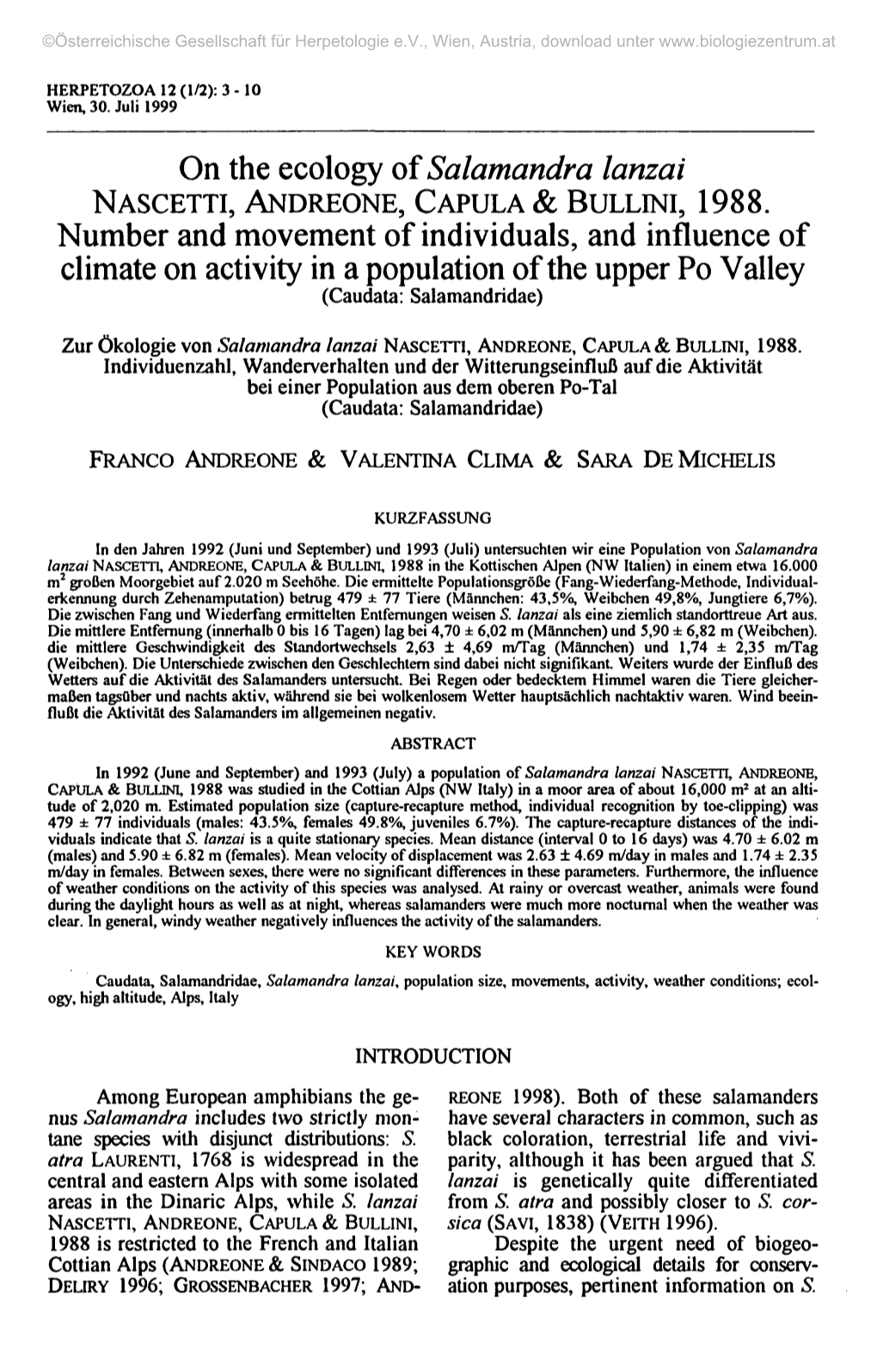 On the Ecology of Salamandra Lanzai NASCETTI, ANDREONE, CAPULA & BULLINI, 1988