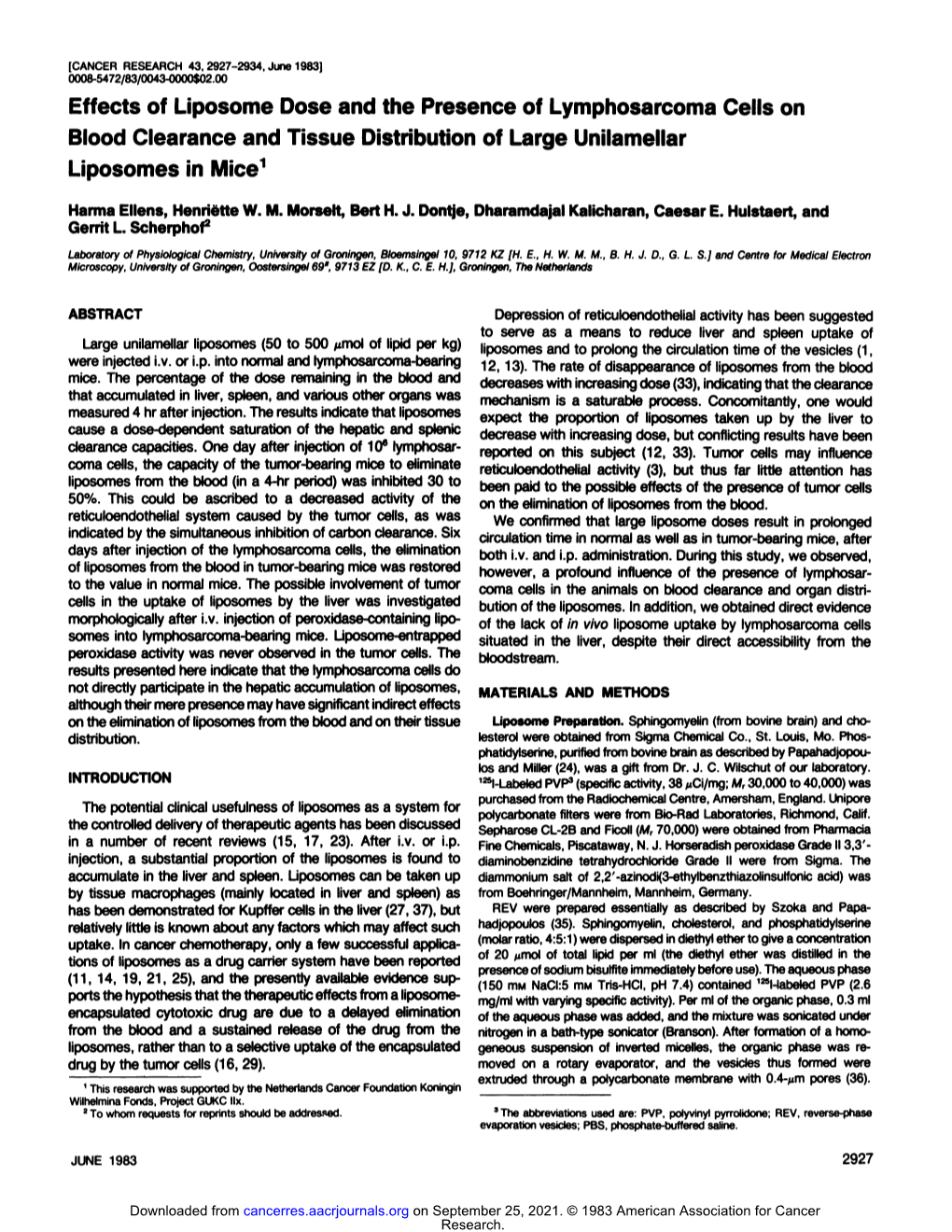 Effects of Liposome Dose and the Presence of Lymphosarcoma Cells on Blood Clearance and Tissue Distribution of Large Unilamellar Liposomes in Mice1