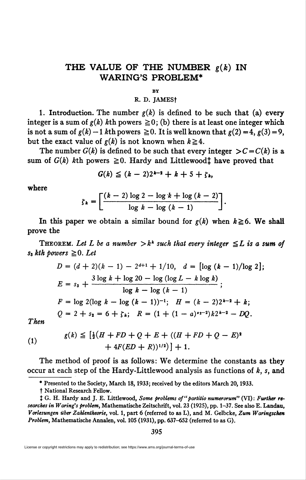 THE VALUE of the NUMBER G(K) in WARING's PROBLEM*