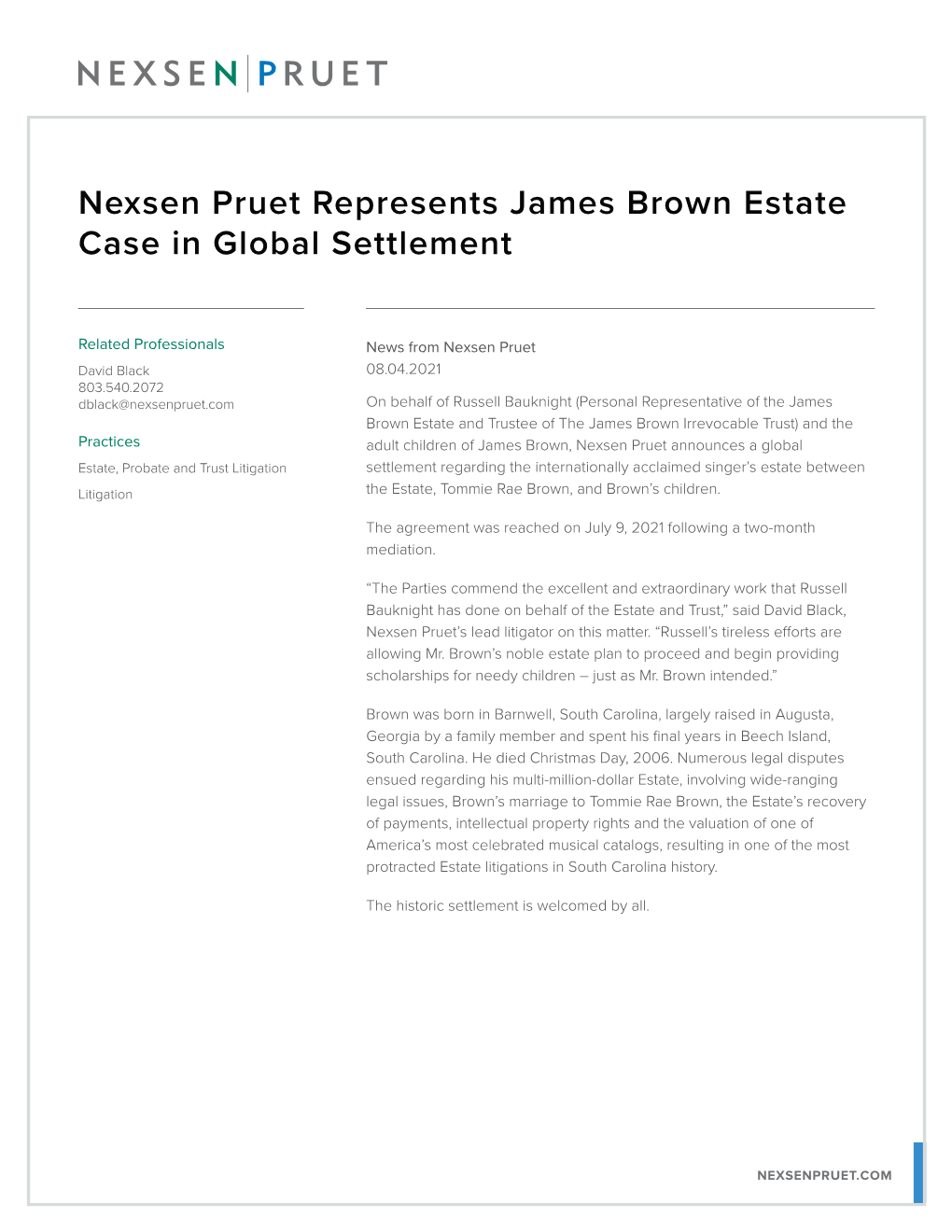 Nexsen Pruet Represents James Brown Estate Case in Global Settlement