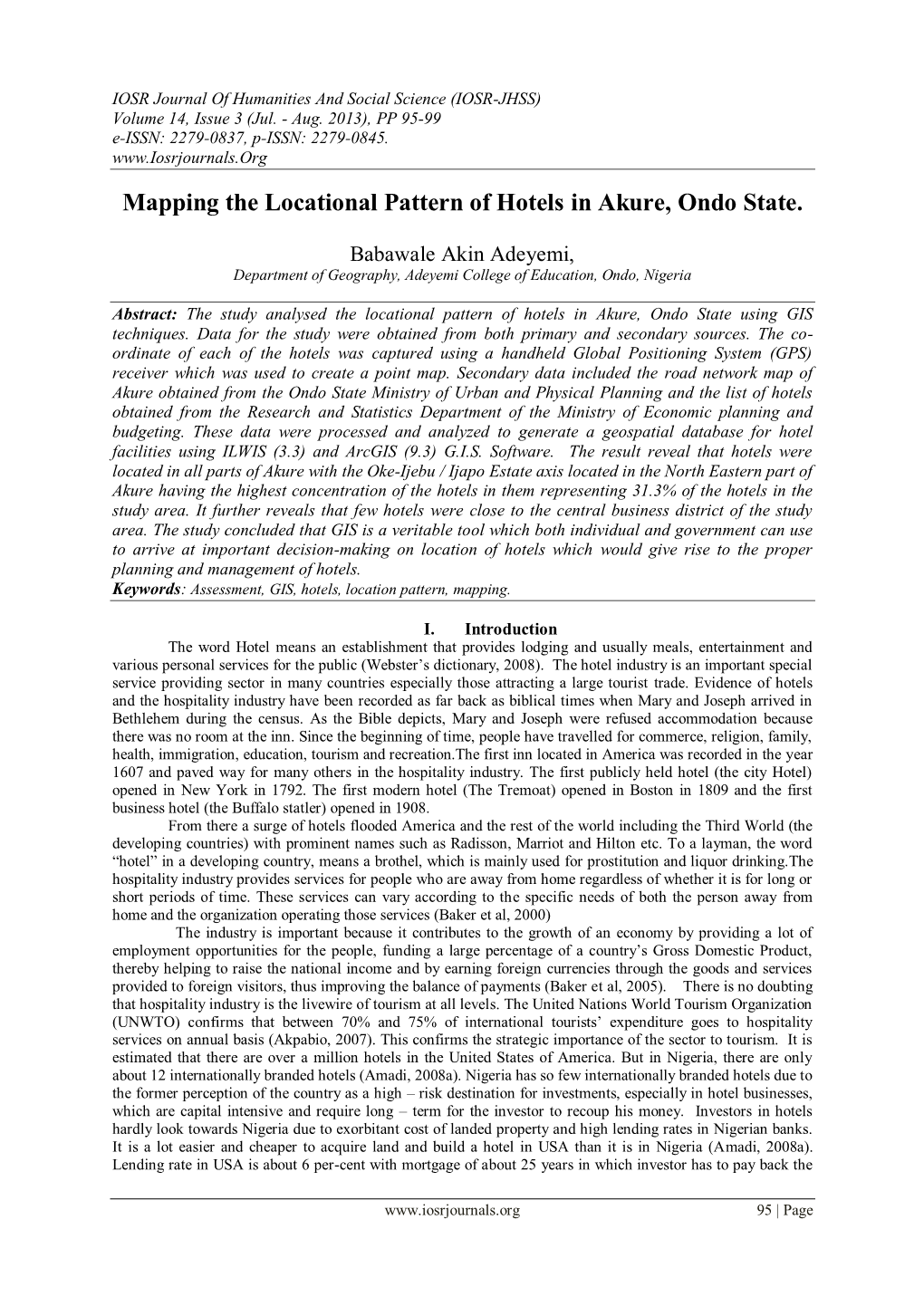 Mapping the Locational Pattern of Hotels in Akure, Ondo State