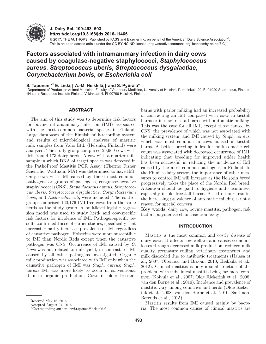 Factors Associated with Intramammary Infection in Dairy Cows Caused By