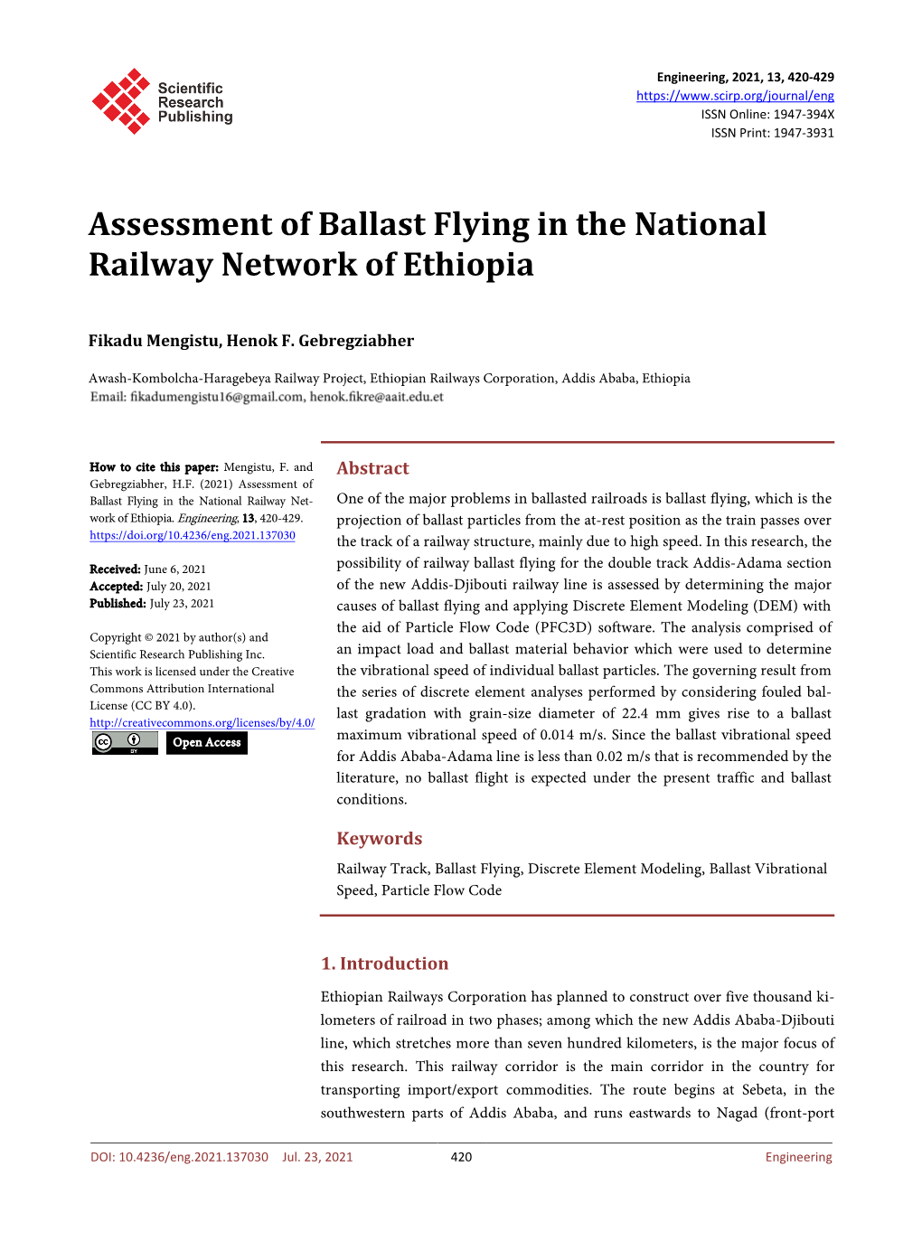 Assessment of Ballast Flying in the National Railway Network of Ethiopia