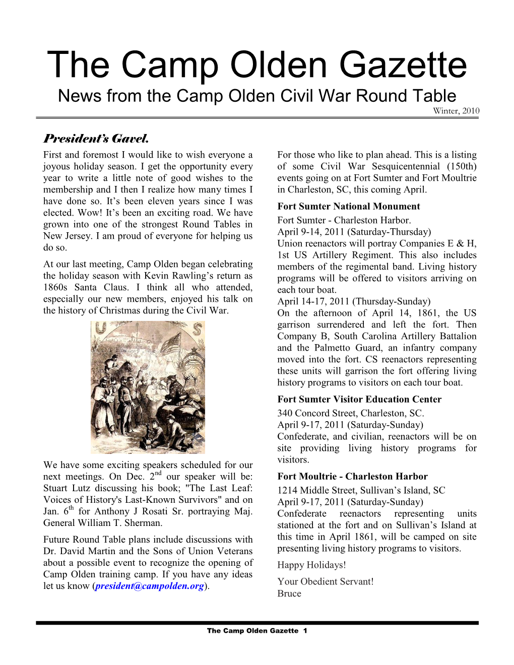 The Camp Olden Gazette News from the Camp Olden Civil War Round Table Winter, 2010