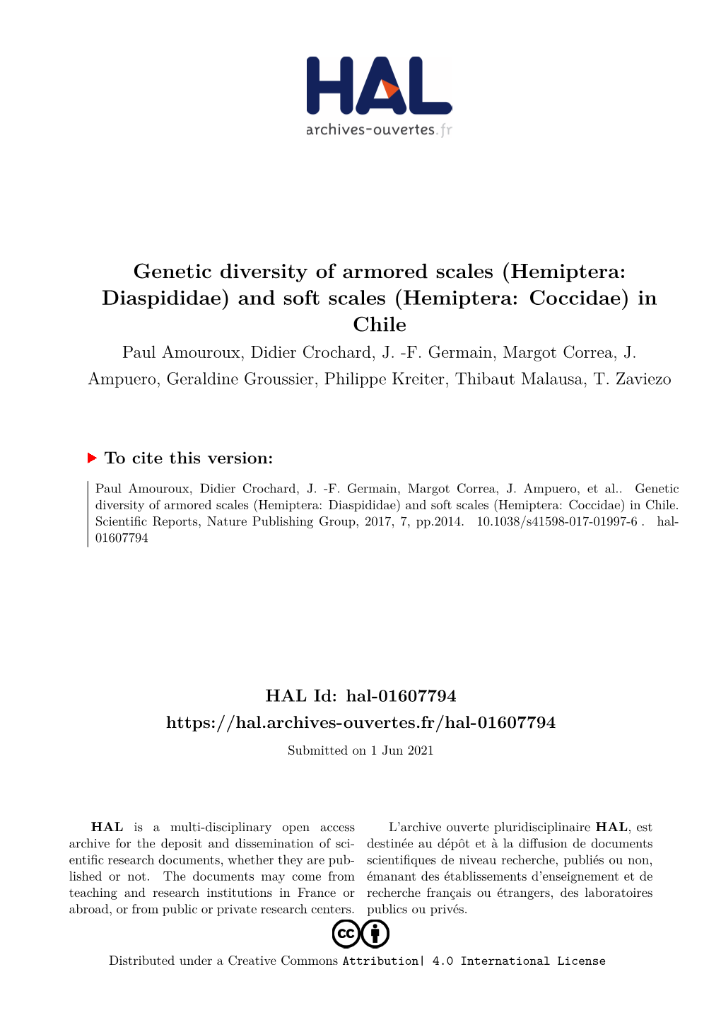 Hemiptera: Diaspididae) and Soft Scales (Hemiptera: Coccidae) in Chile Paul Amouroux, Didier Crochard, J