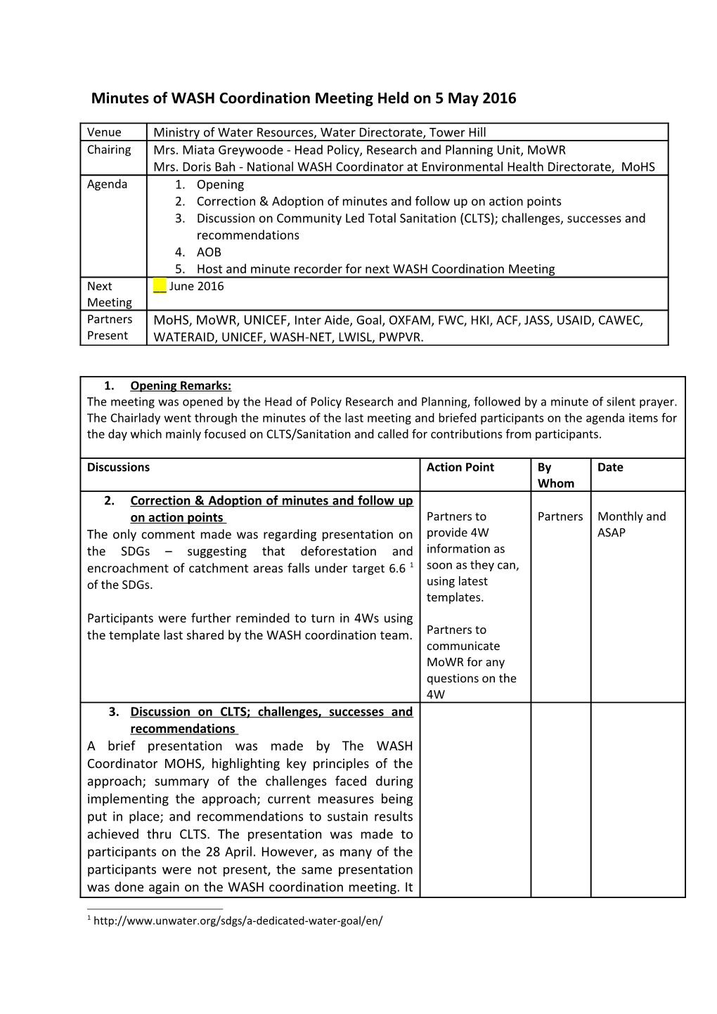Minutes of WASH Coordination Meeting Held on 5 May 2016