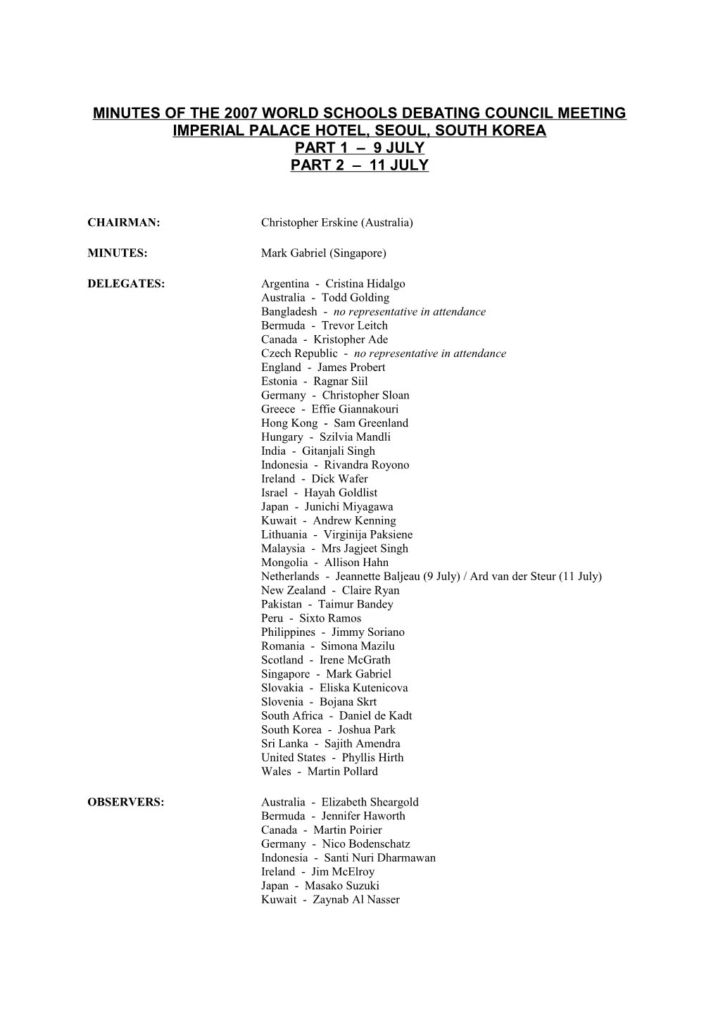 Minutes of the 2003 World Schools Debating Council Meeting