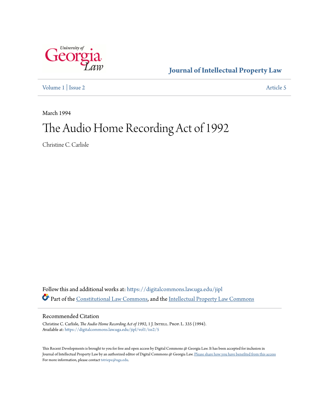 The Audio Home Recording Act of 1992, 1 J