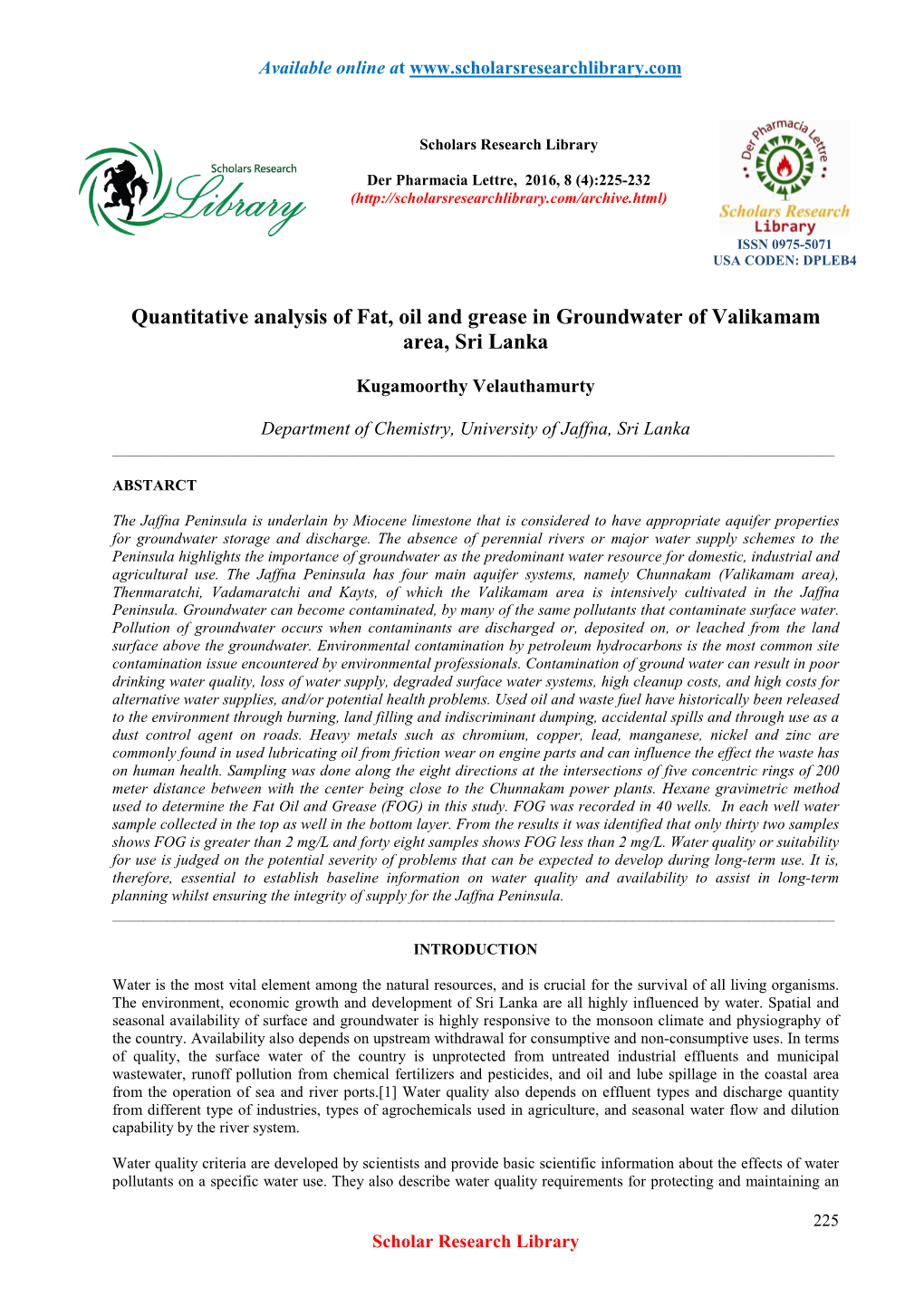 Quantitative Analysis of Fat, Oil and Grease in Groundwater of Valikamam Area, Sri Lanka