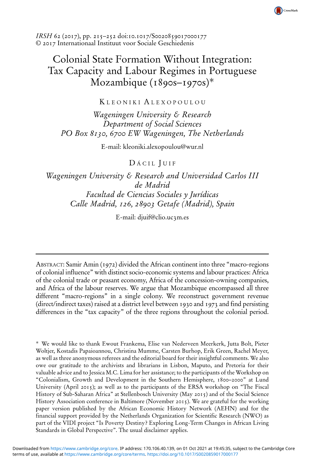 Tax Capacity and Labour Regimes in Portuguese Mozambique (1890S–1970S)*