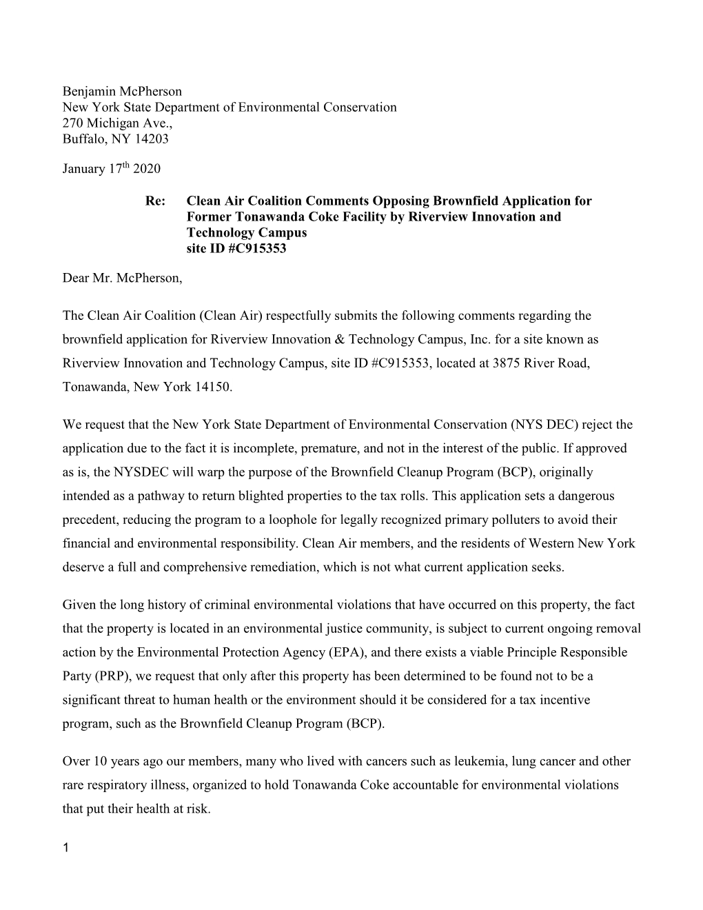 Benjamin Mcpherson New York State Department of Environmental Conservation 270 Michigan Ave., Buffalo, NY 14203