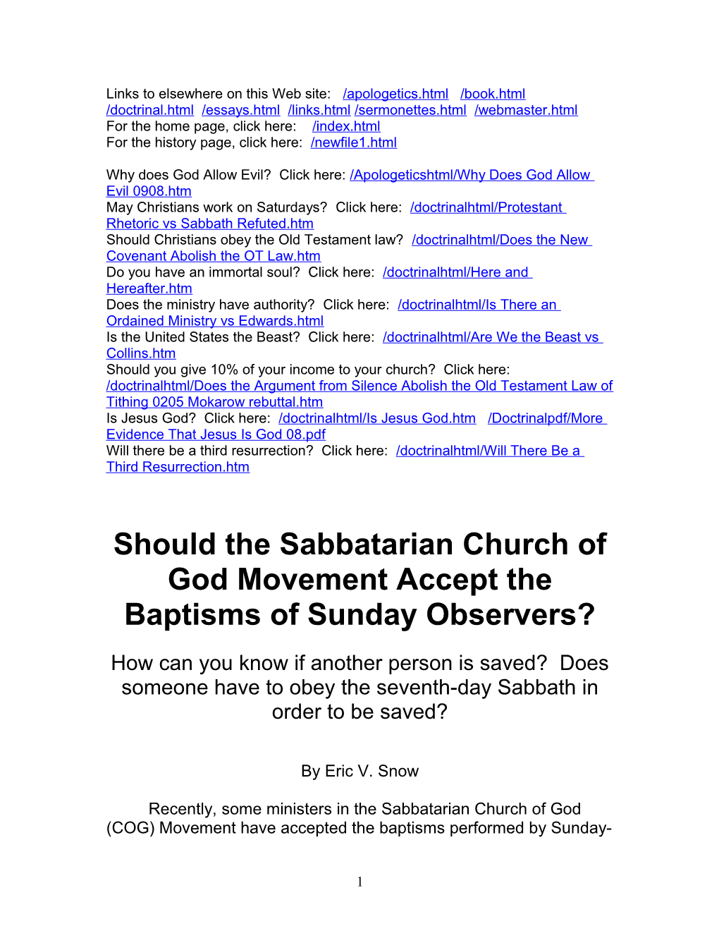 Should the Sabbatarian Church of God Movement Accept the Baptisms of Sunday Observers