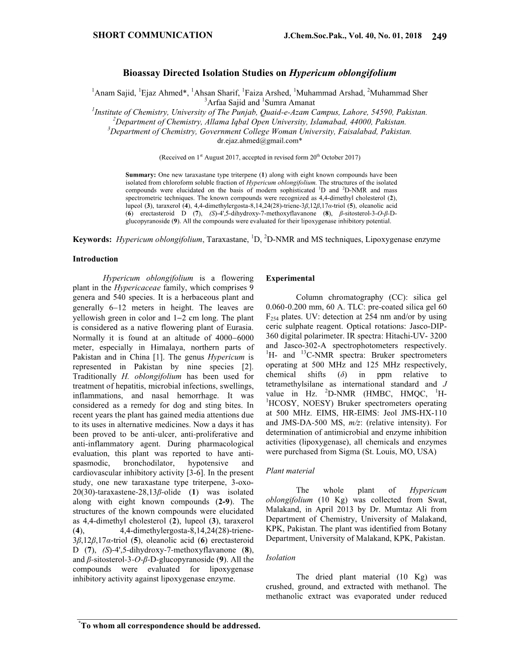 Bioassay Directed Isolation Studies on Hypericum Oblongifolium