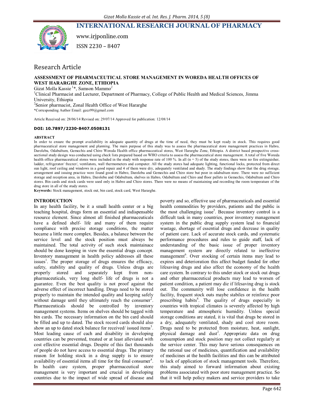 Assessment of Pharmaceutical Store Management In