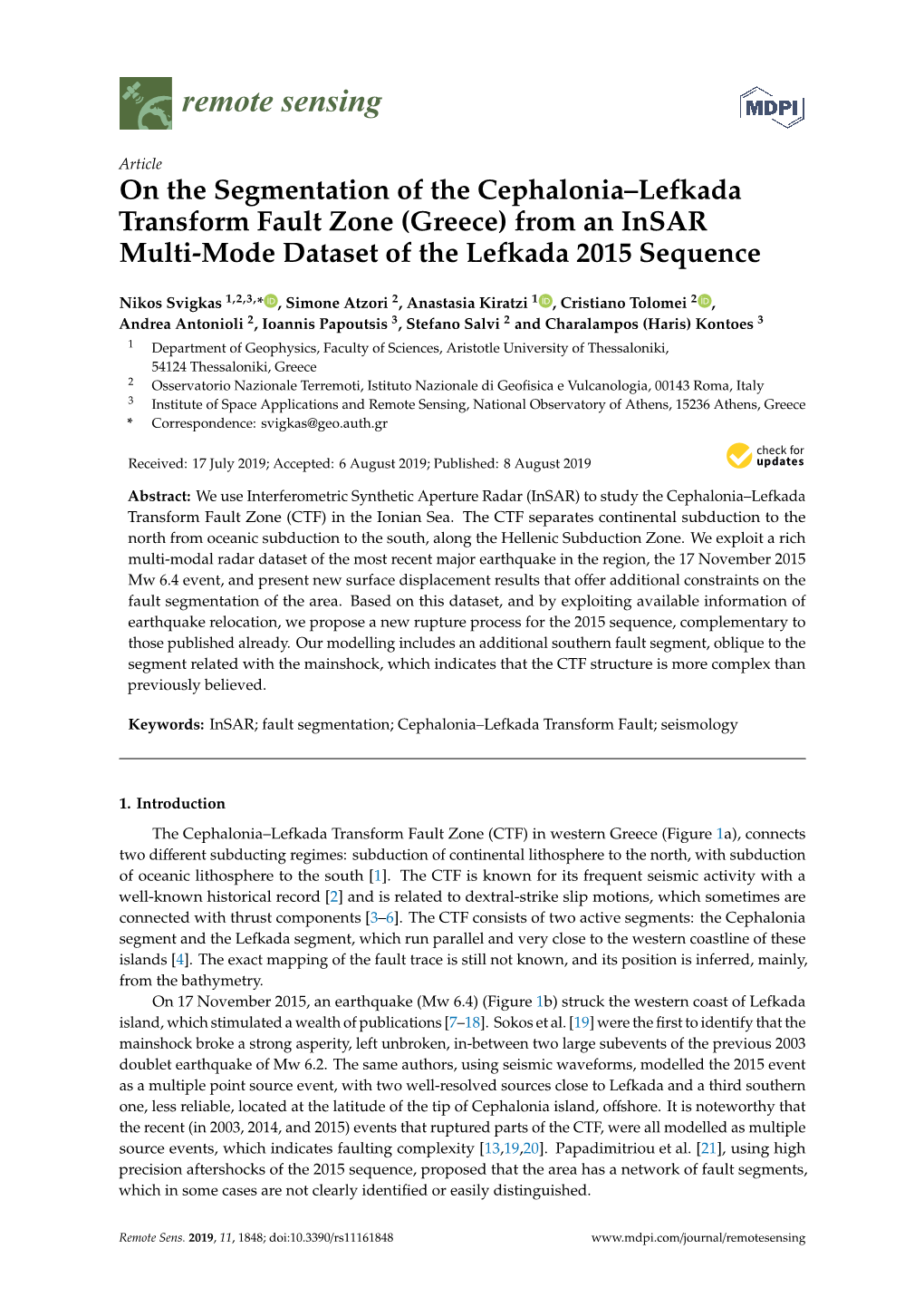 On the Segmentation of the Cephalonia–Lefkada Transform Fault Zone (Greece) from an Insar Multi-Mode Dataset of the Lefkada 2015 Sequence