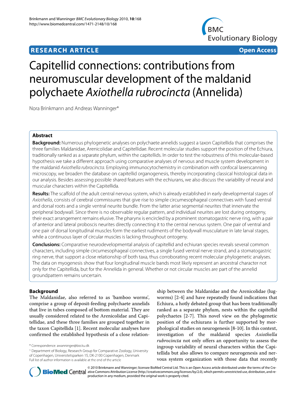 Contributions from Neuromuscular Development of the Maldanid Polychaete Axiothella Rubrocincta (Annelida)