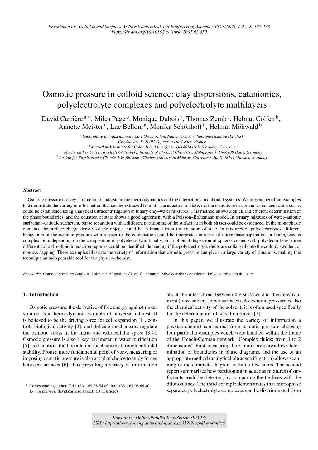 Osmotic Pressure in Colloid Science : Clay Dispersions, Catanionics