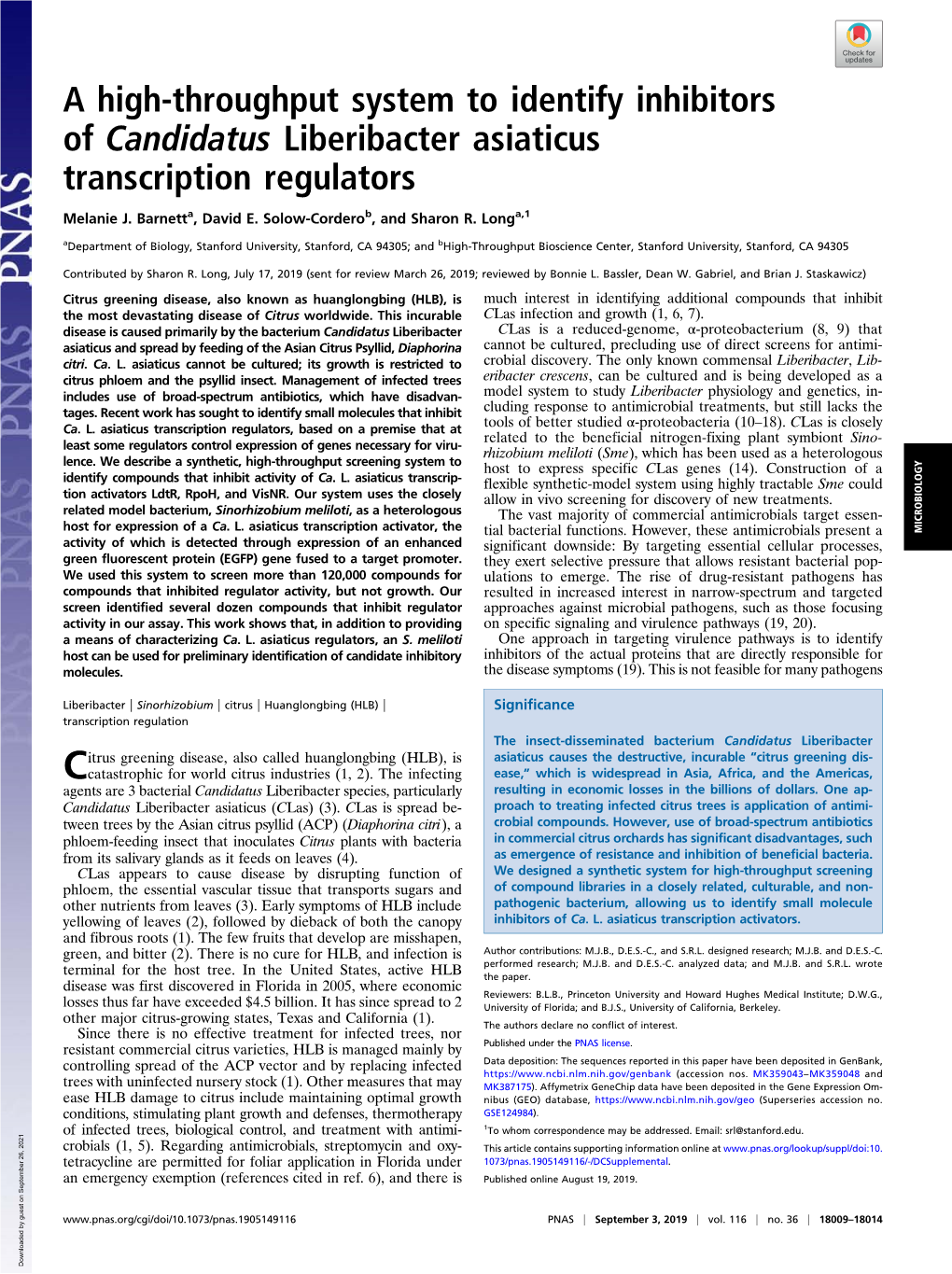 A High-Throughput System to Identify Inhibitors of Candidatus Liberibacter Asiaticus Transcription Regulators