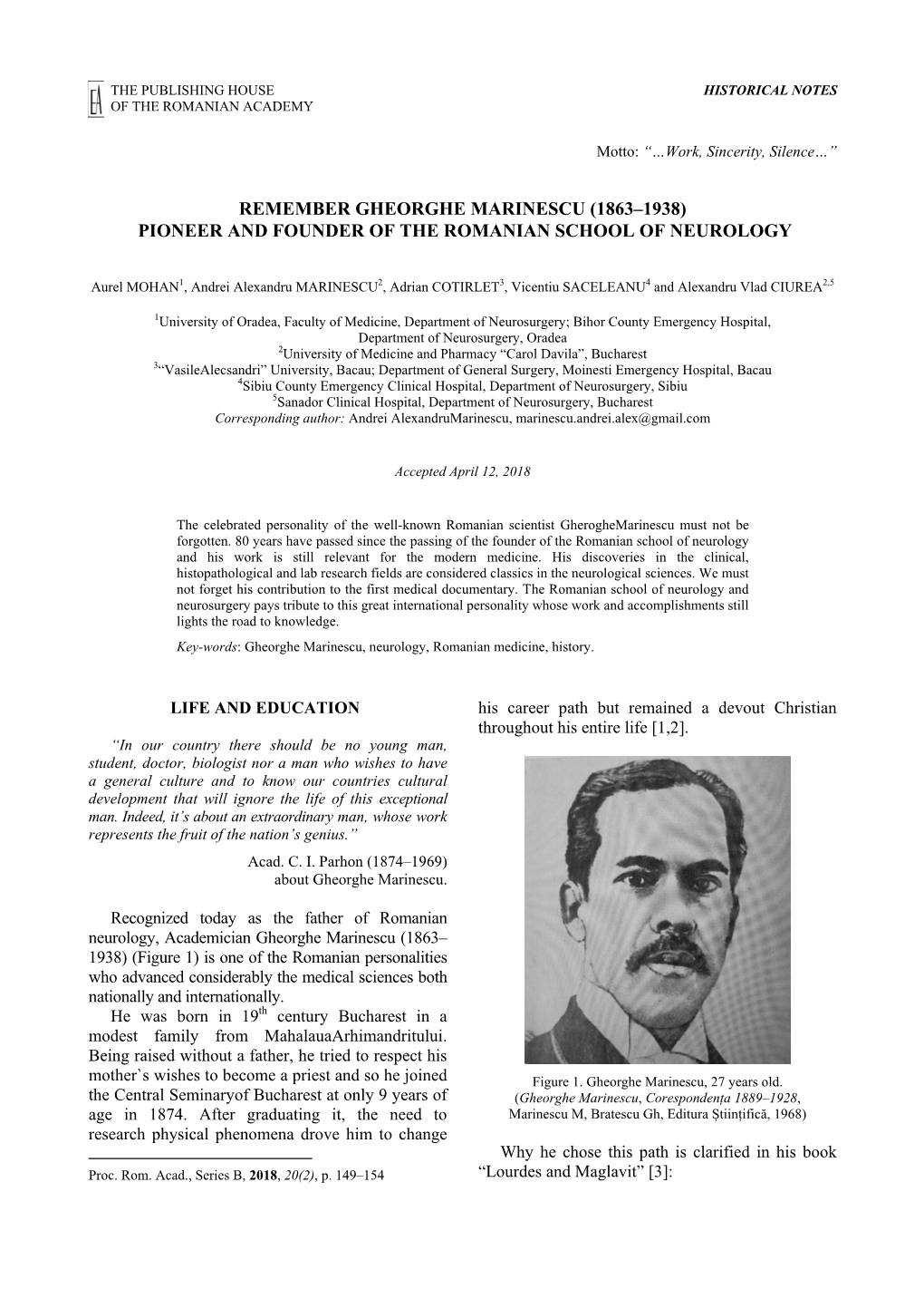 Remember Gheorghe Marinescu (1863–1938) Pioneer and Founder of the Romanian School of Neurology