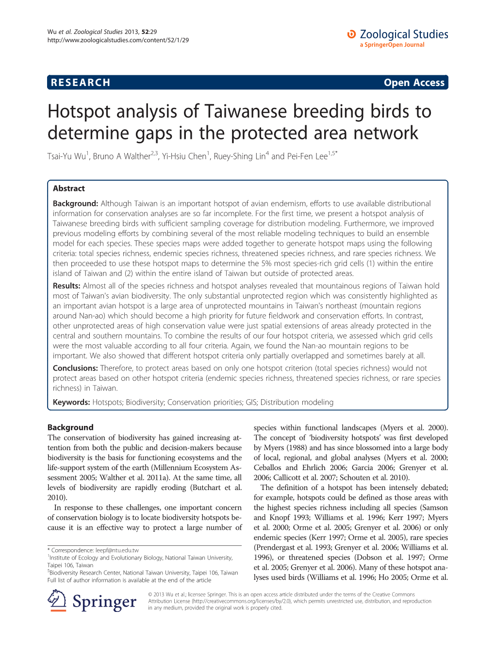 Hotspot Analysis of Taiwanese Breeding Birds to Determine Gaps In