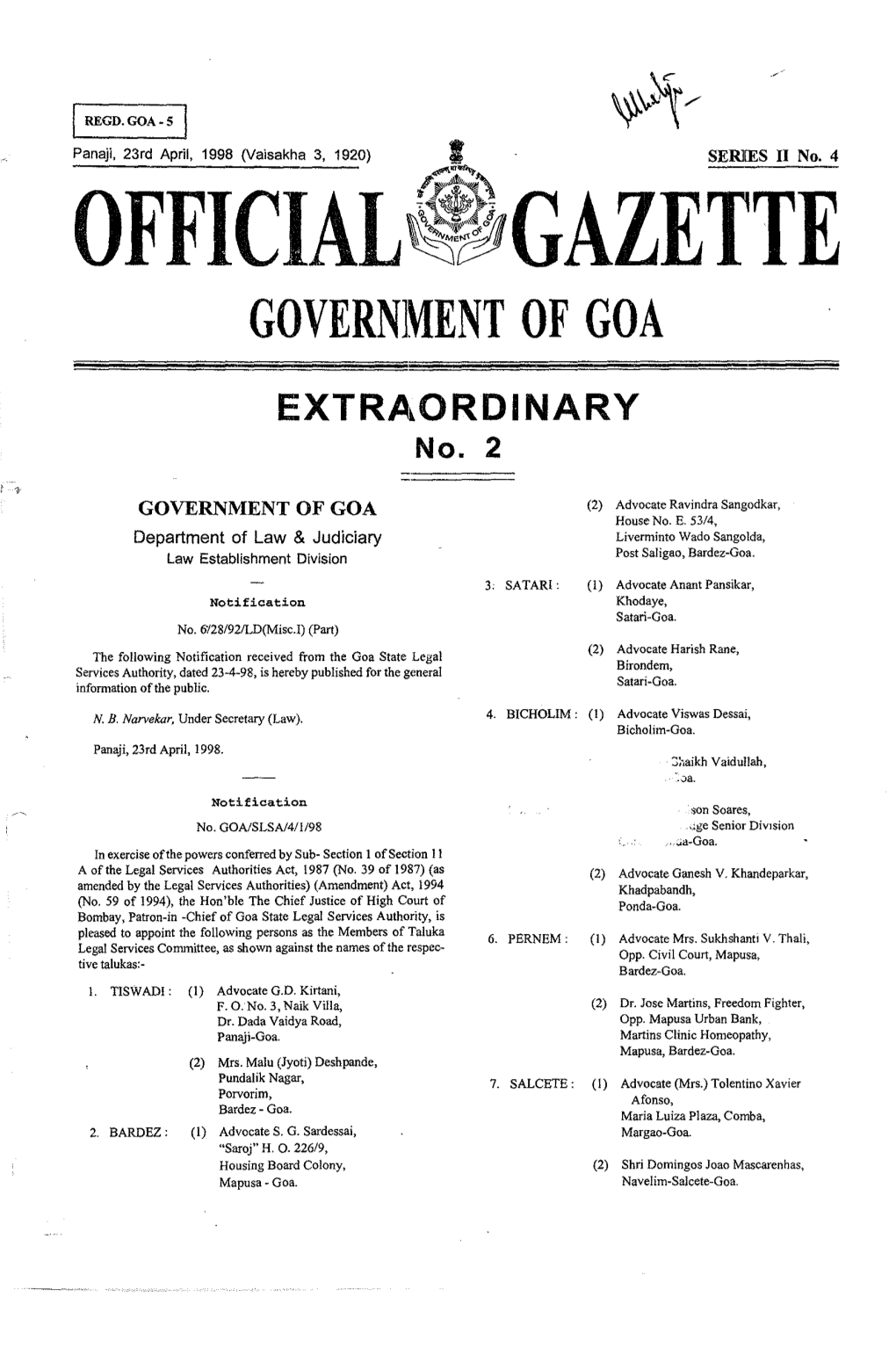 OFFICIAL~~#GAZETTE GOVERNJ\Ient of GOA