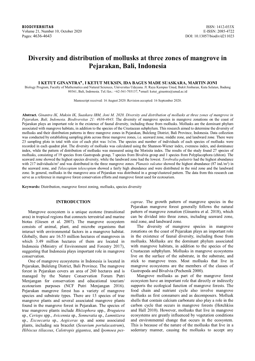 Diversity and Distribution of Mollusks at Three Zones of Mangrove in Pejarakan, Bali, Indonesia