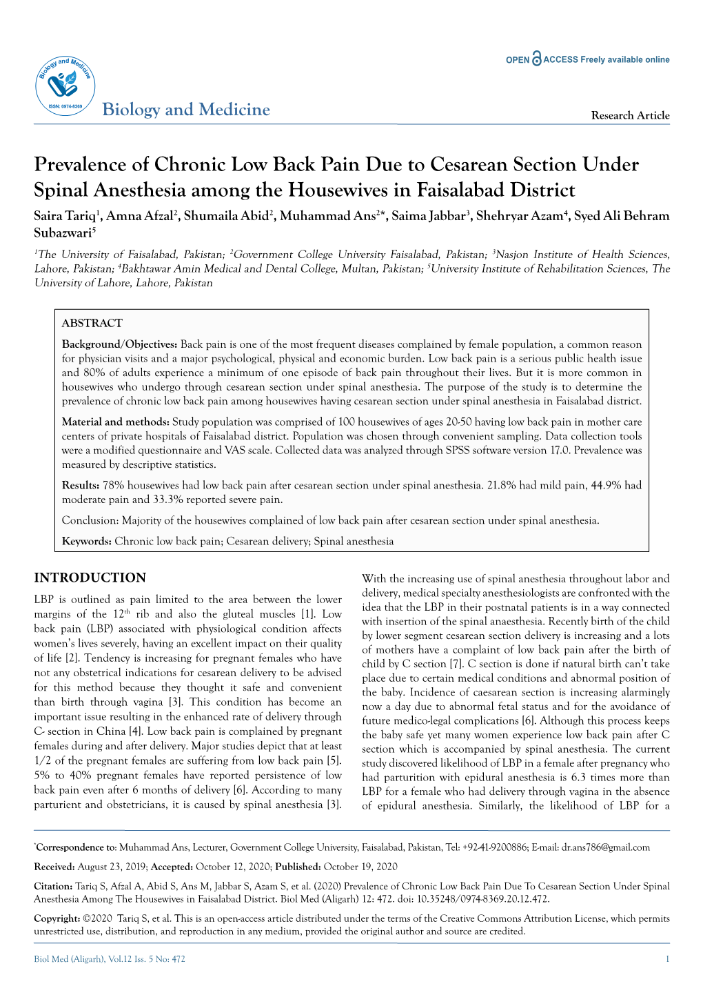 Prevalence of Chronic Low Back Pain Due to Cesarean Section Under