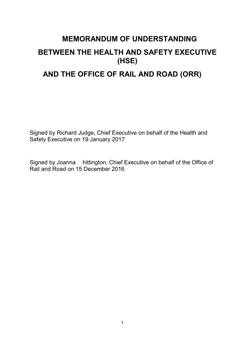 Memorandum of Understanding Between HSE and the Office of Rail
