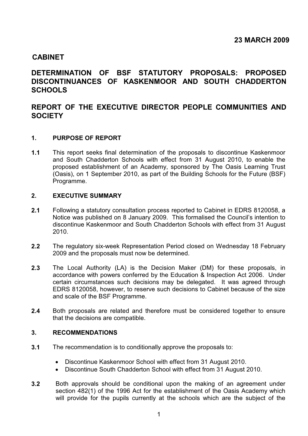 23 March 2009 Cabinet Determination of Bsf