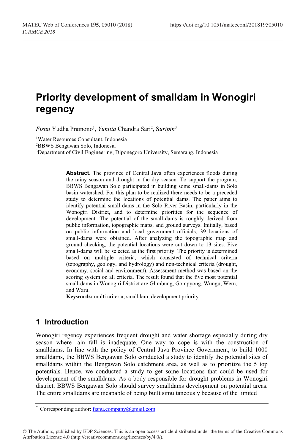 Priority Development of Smalldam in Wonogiri Regency
