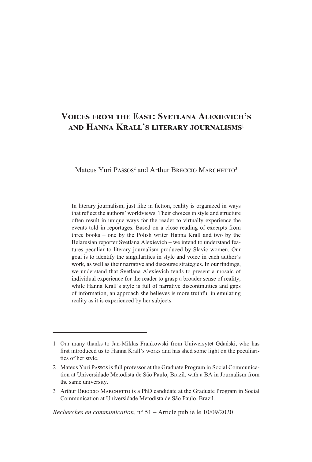 Svetlana Alexievich's and Hanna Krall's Literary Journalisms1