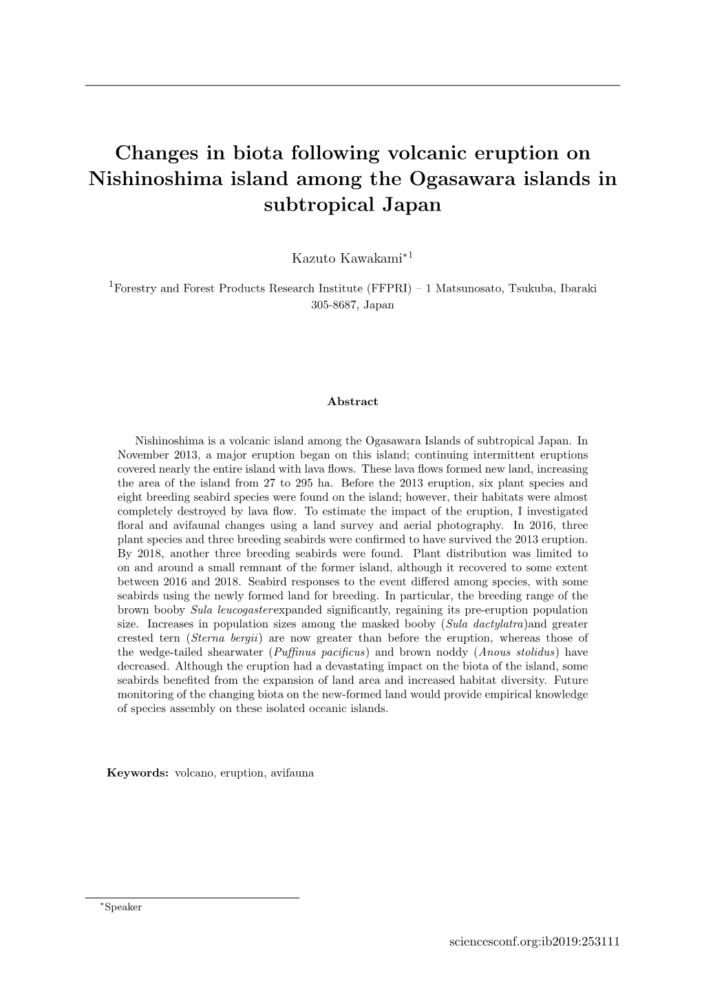 Changes in Biota Following Volcanic Eruption on Nishinoshima Island Among the Ogasawara Islands in Subtropical Japan