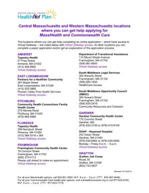 Central Massachusetts and Western Massachusetts Locations Where You Can Get Help Applying for Masshealth and Commonwealth Care