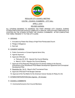 Regular City Council Meeting 6:30 Pm – Council Chambers