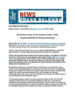 The Gotham Center at the Graduate Center, CUNY, Awarded $250,000 for Writing Fellowships