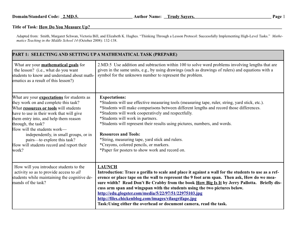 Domain/Standard Code: 2.MD.5. Author Name: Trudy Sayers. Page 1