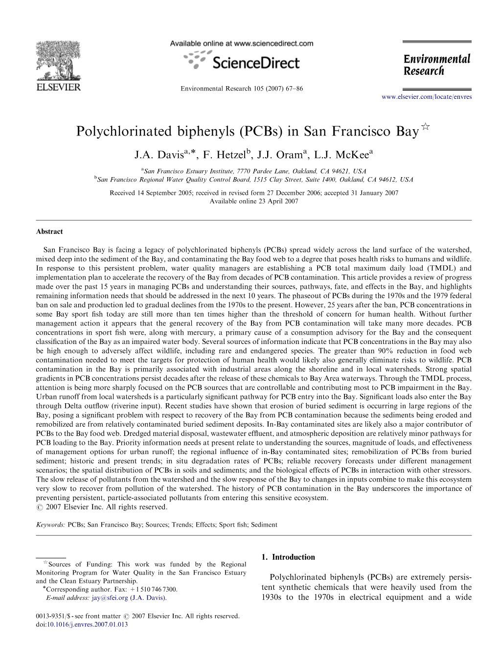 Polychlorinated Biphenyls (Pcbs) in San Francisco Bay$