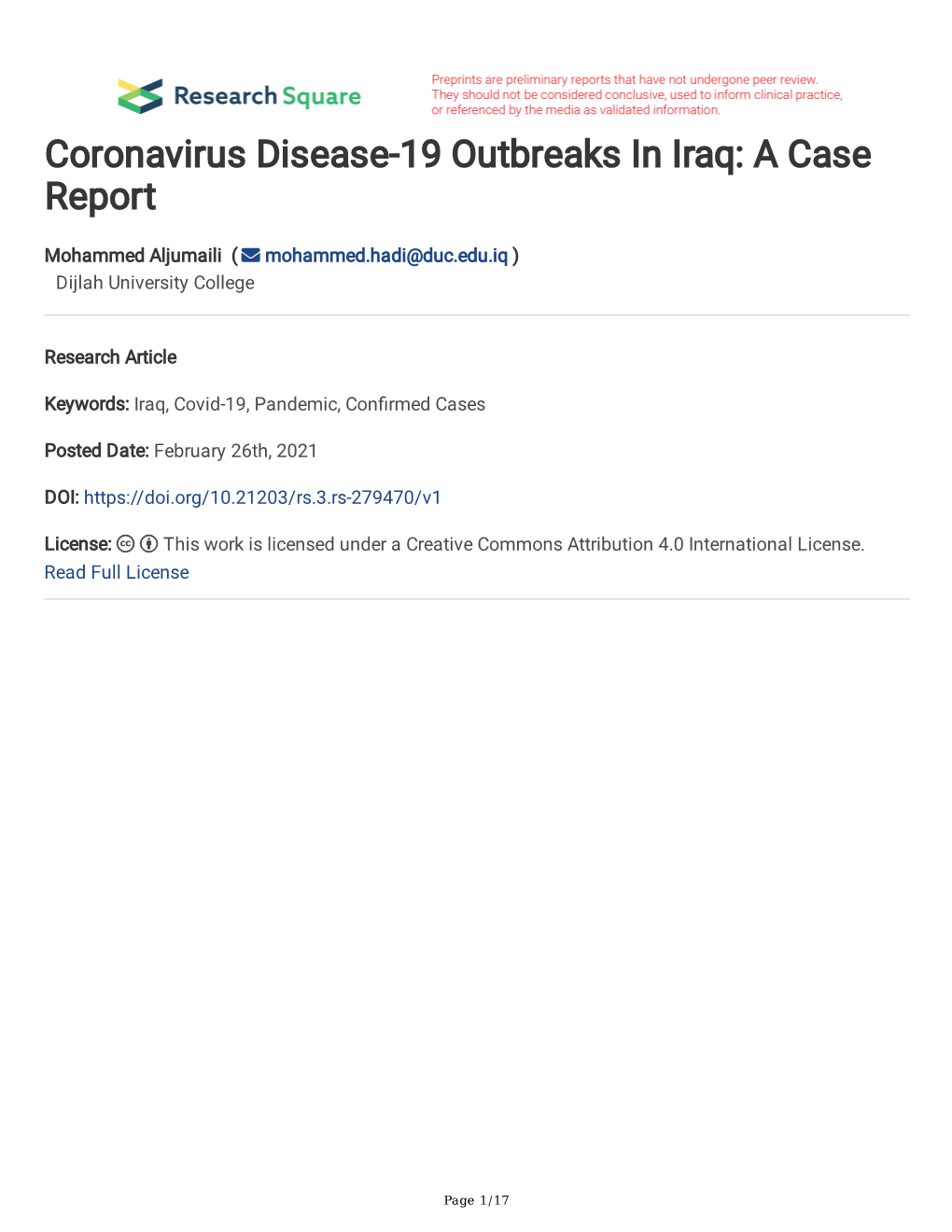 Coronavirus Disease-19 Outbreaks in Iraq: a Case Report