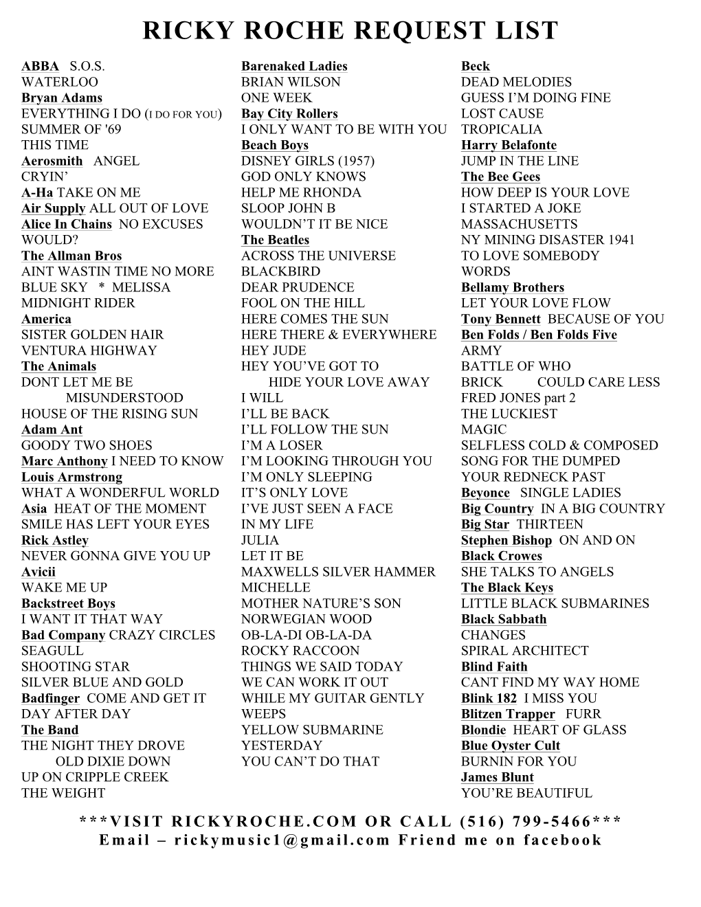 Ricky Roche Request List