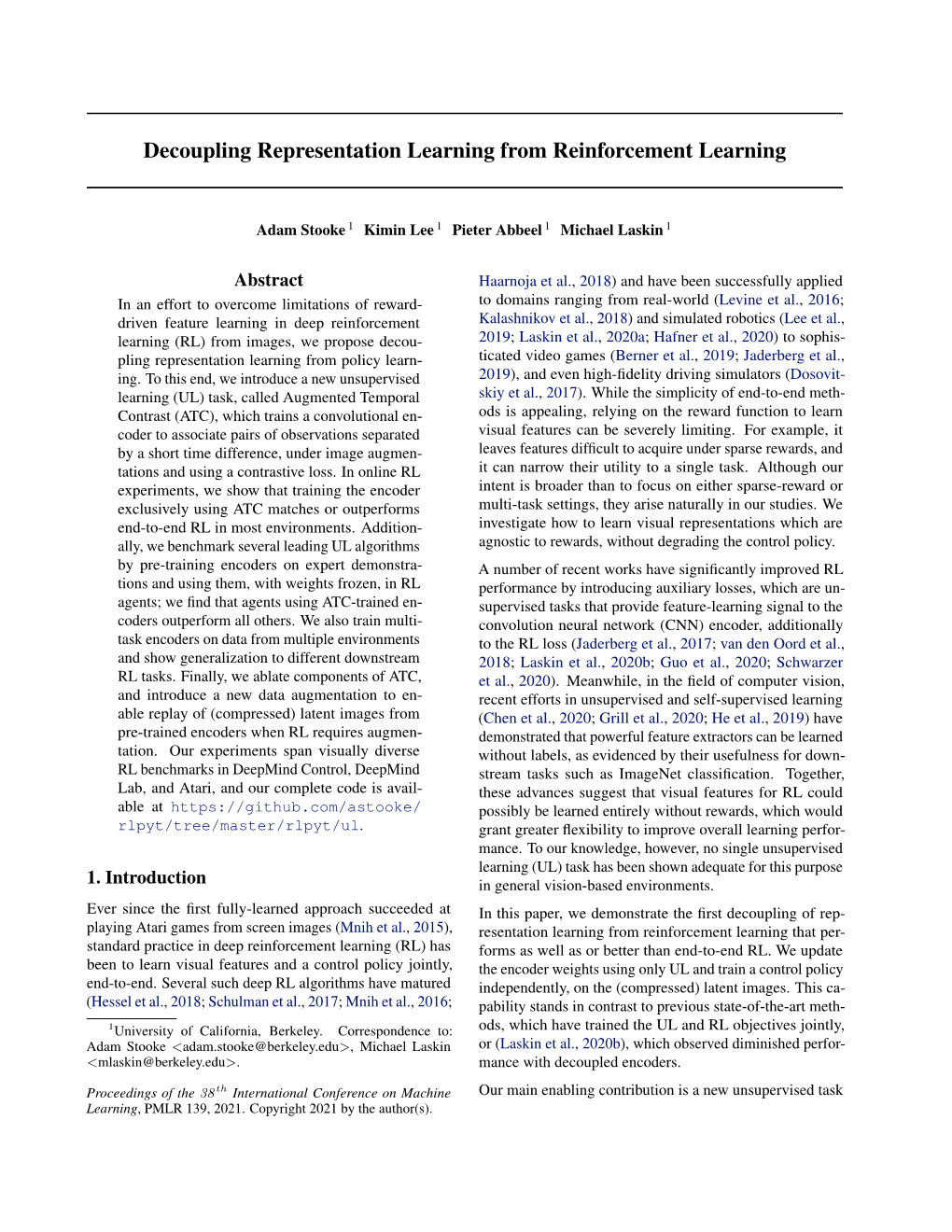Decoupling Representation Learning from Reinforcement Learning