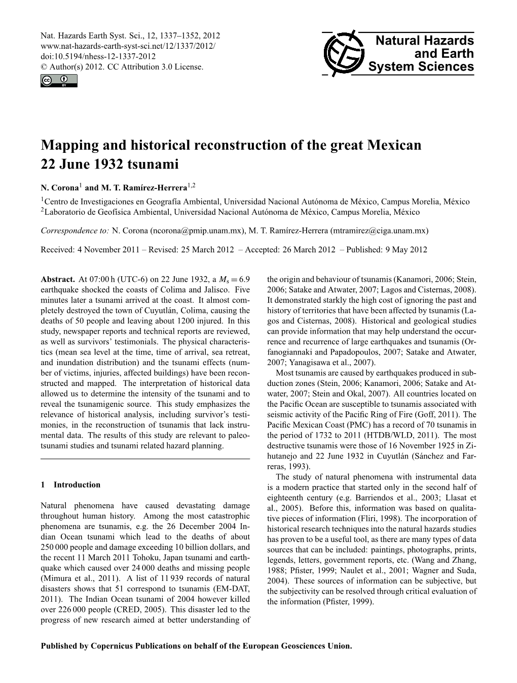 Mapping and Historical Reconstruction of the Great Mexican 22 June 1932 Tsunami