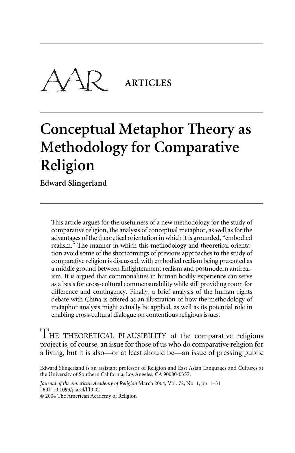 Conceptual Metaphor Theory As Methodology for Comparative Religion Edward Slingerland