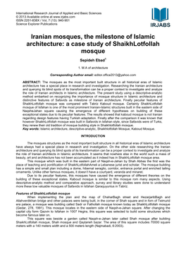 Iranian Mosques, the Milestone of Islamic Architecture: a Case Study of Shaikhlotfollah Mosque Sepideh Ebad1