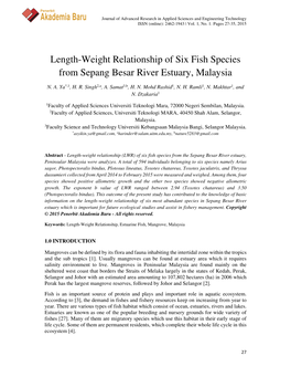 Akademia Baru Length-Weight Relationship of Six Fish Species from Sepang Besar River Estuary, Malaysia